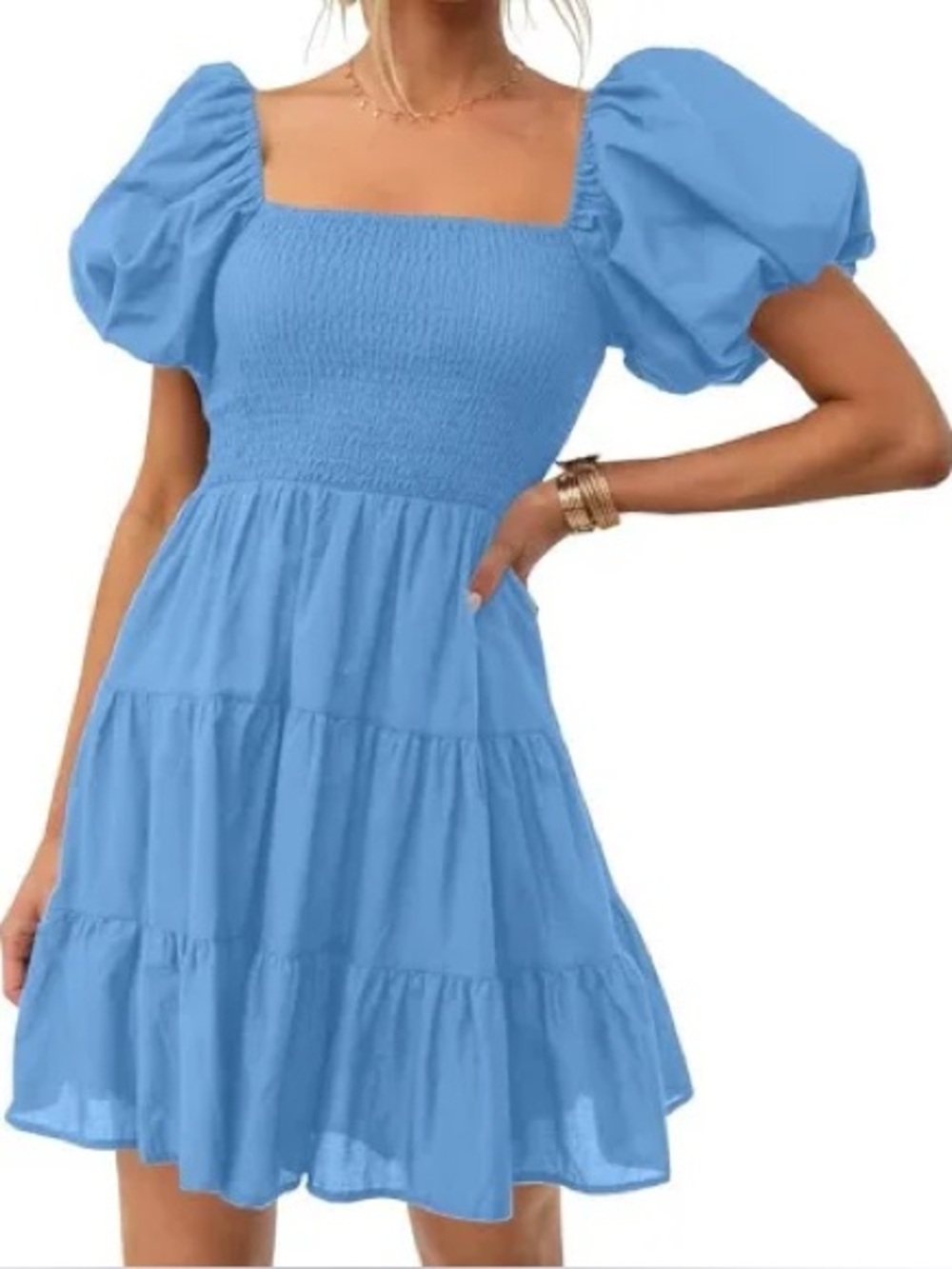 Zesica boho size small Smocked Square-Neck Puff Sleeve Mini Dress - Blue